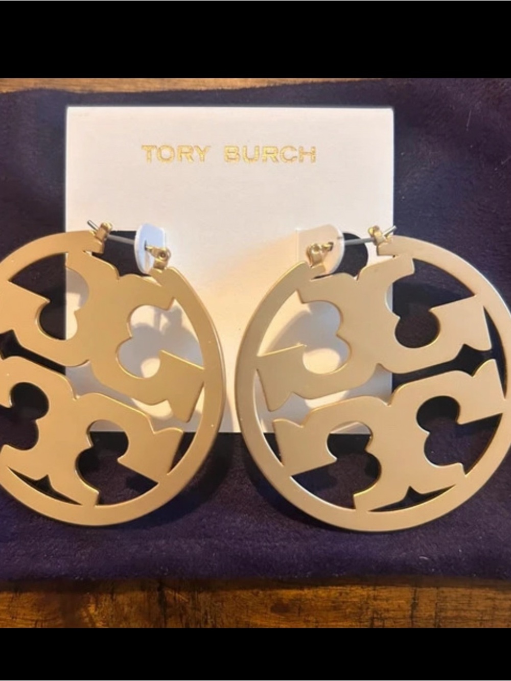 Tory Burch Gold Logo Hoop Earrings 2” Cutout Statement - Picture 4 of 5